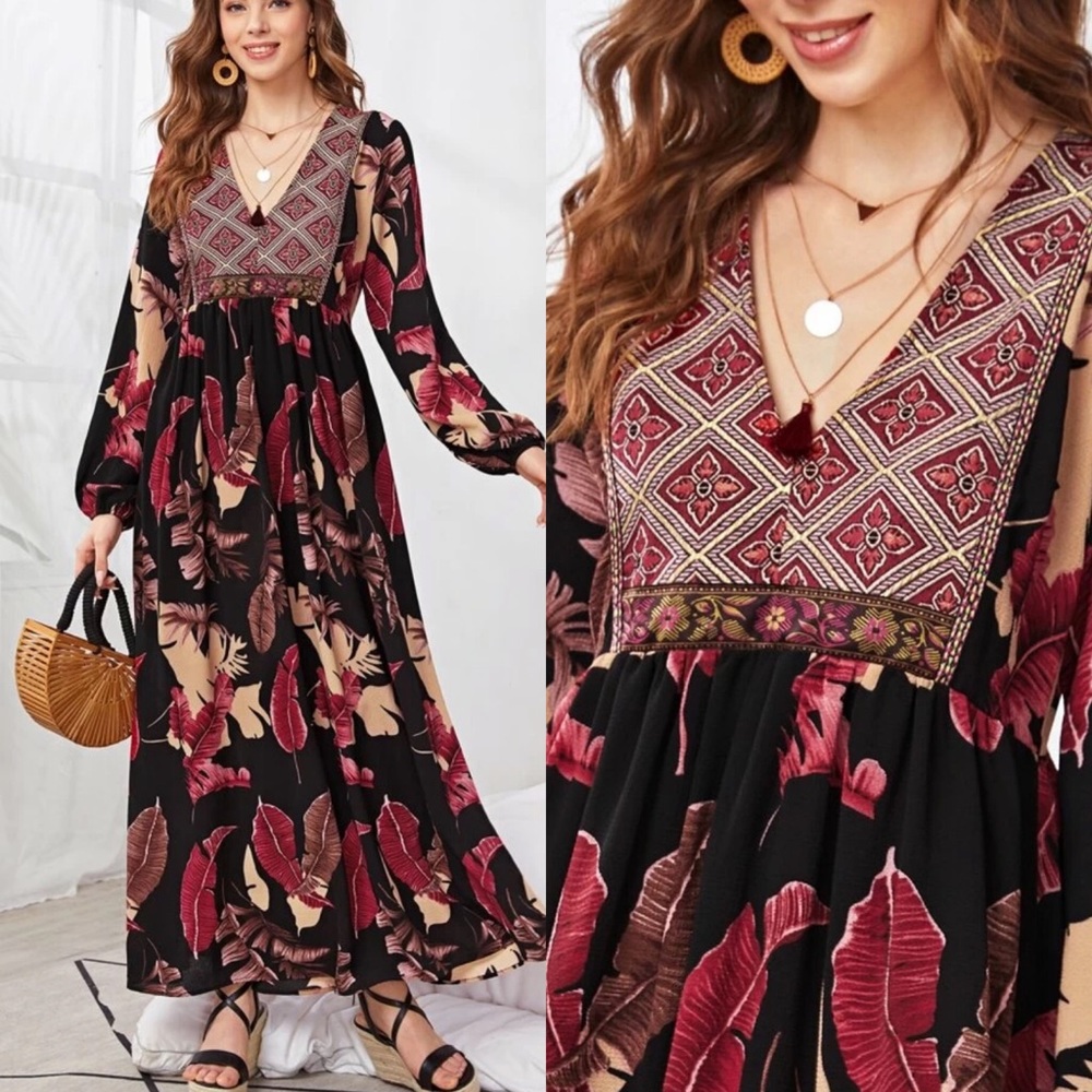 Boho Leaves V Neck Long Sleeve Dress - Picture 3 of 3